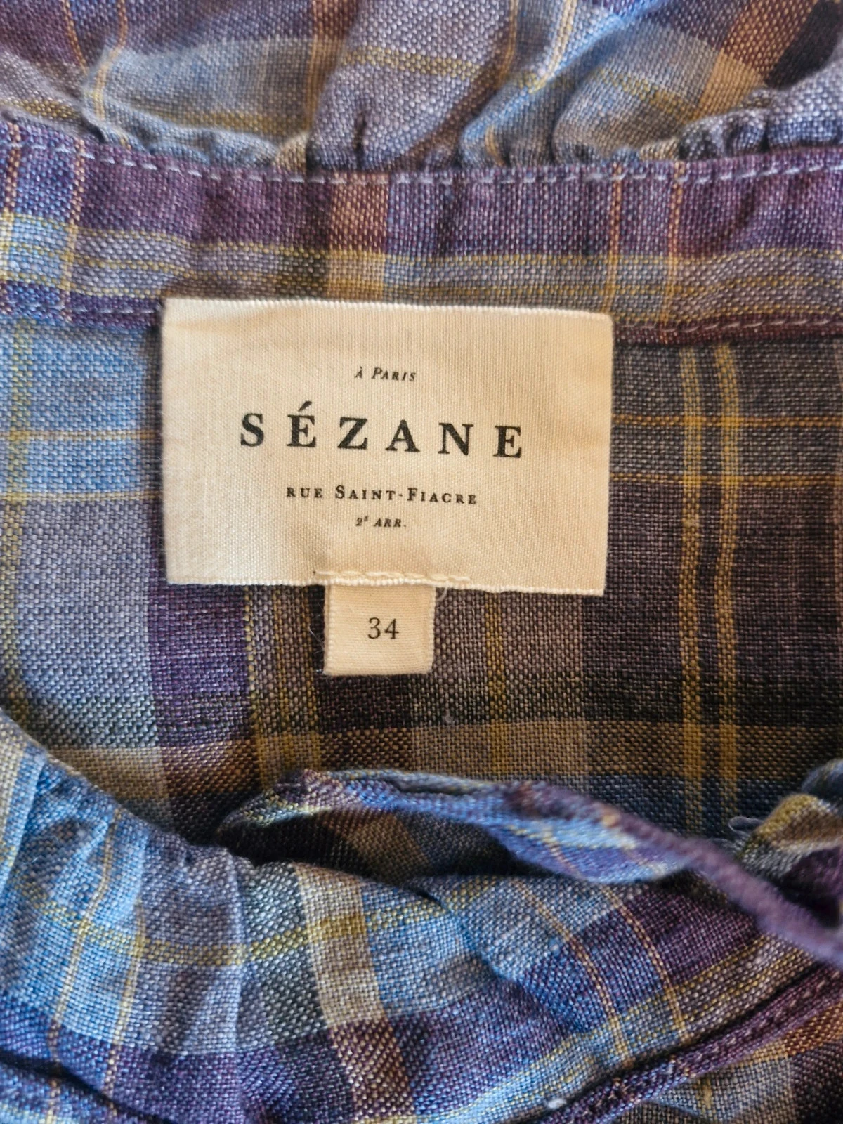 Sézane Violet Blue Checked Shirt Blouse 34 100% Linen with Ruffle – photo 5